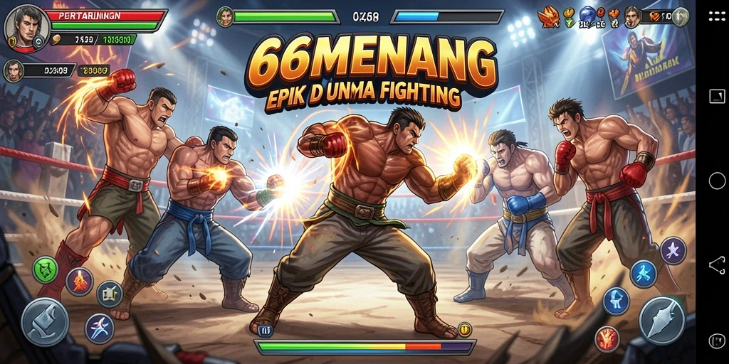 Screenshot utama gameplay 66MENANG yang menampilkan pertarungan yang mendebarkan.