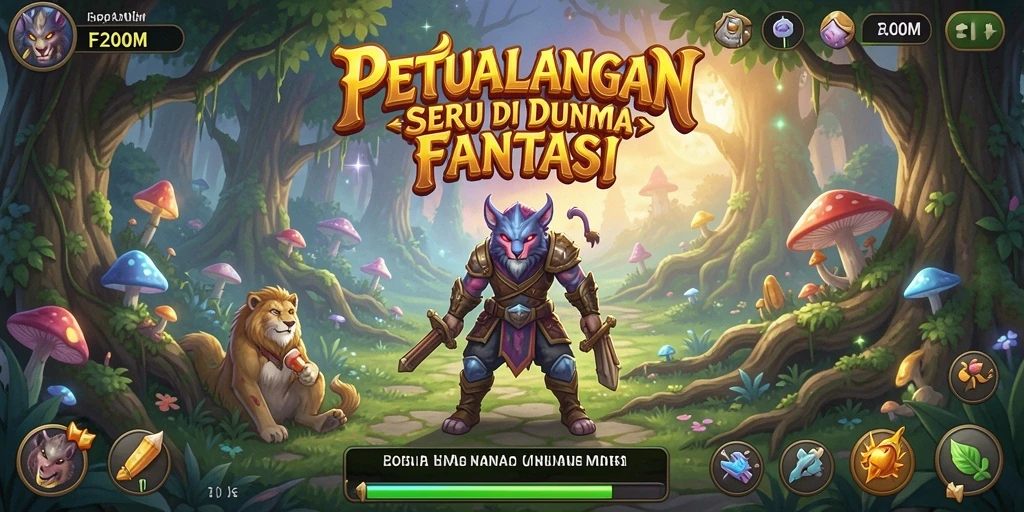 Tangkapan layar menampilkan aksi seru dalam F200M dengan karakter yang menjelajah dunia fantasi.