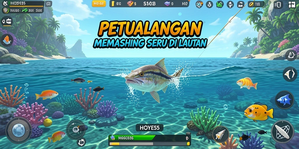 Gameplay HOYE55 menampilkan berbagai jenis ikan melawan latar belakang lautan yang indah.