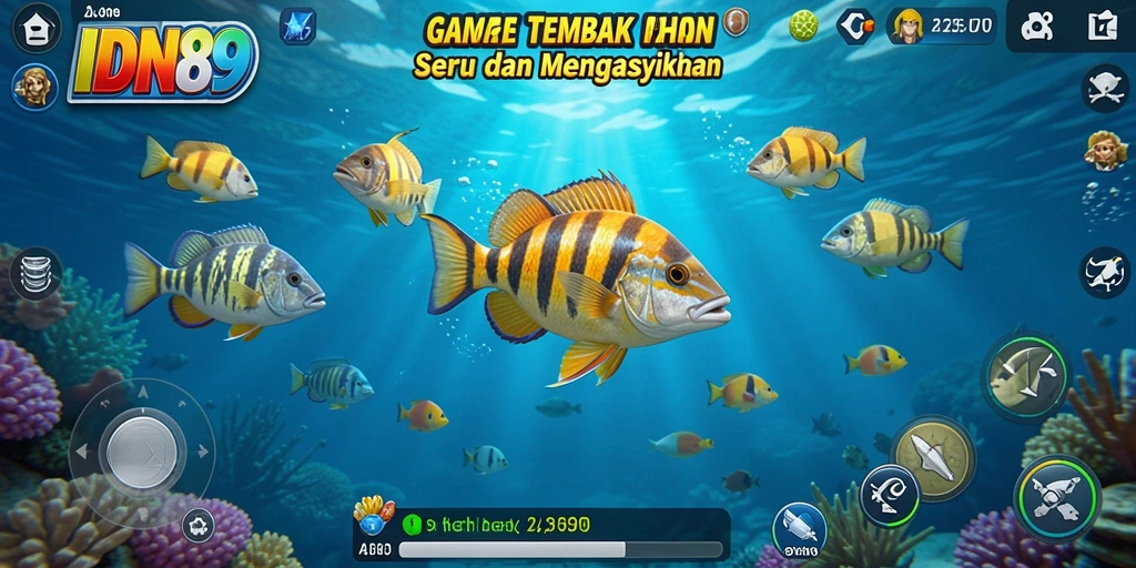 Tangkapan layar menunjukkan gameplay seru di IDN89 dengan ikan berwarna-warni.