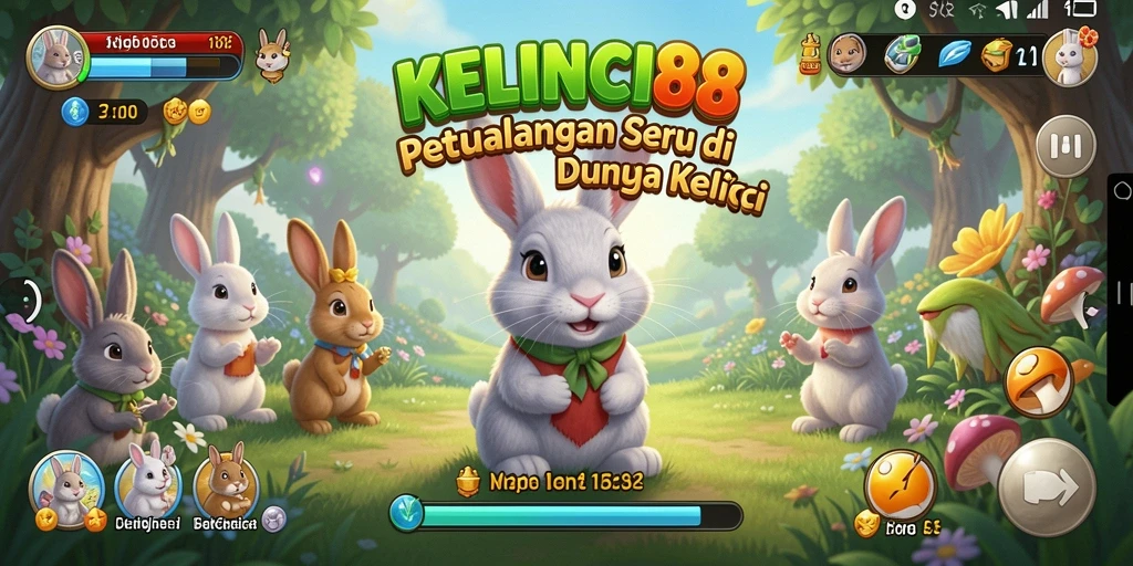 Screenshot permainan KELINCI88 menampilkan kelinci yang melompat melewati rintangan.