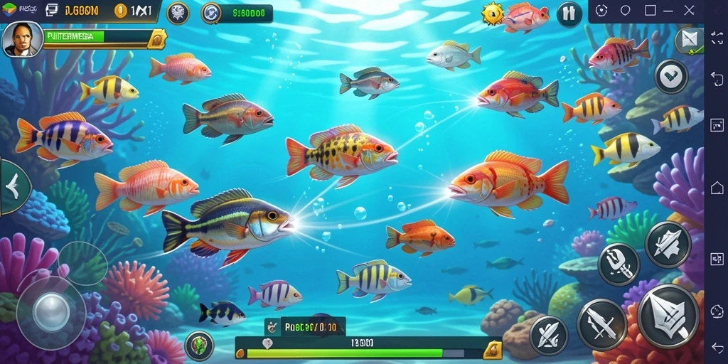 Tangkapan layar dari gameplay PUTERMEGA menunjukkan aksi seru menembak ikan.
