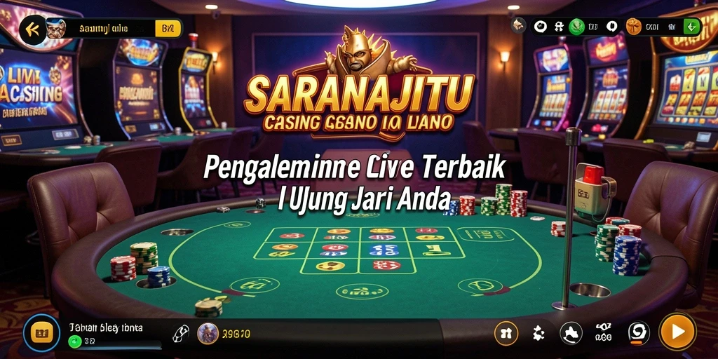 Screenshot SARANAJITU menampilkan dealer langsung dalam suasana kasino yang mengesankan.