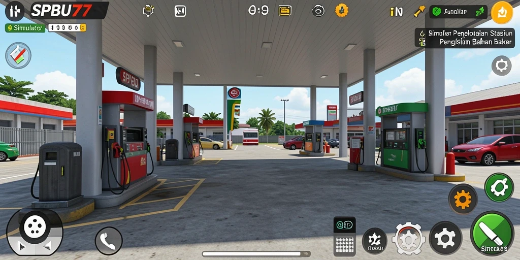 Screenshot SPBU77 menampilkan gameplay di stasiun pengisian bahan bakar.