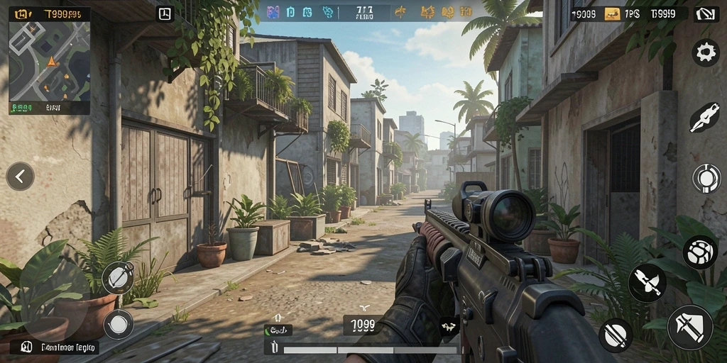Screenshot T9999 menampilkan aksi tembak-menembak intens dalam gameplay FPS.