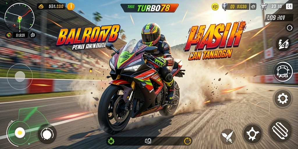 Screenshot gameplay TURBO78 menampilkan balapan motor yang intens dan grafis berkualitas tinggi.