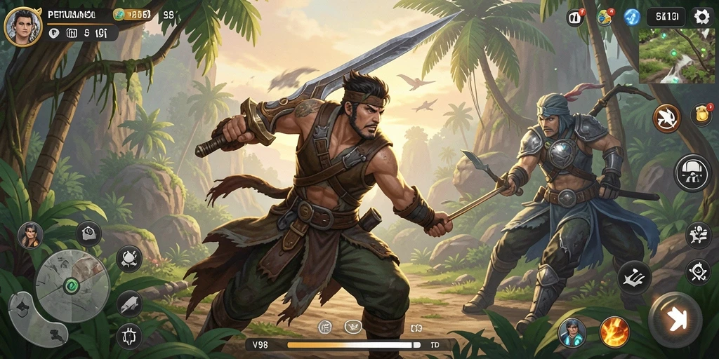 Screenshot V98 menampilkan aksi pertempuran yang mendebarkan.