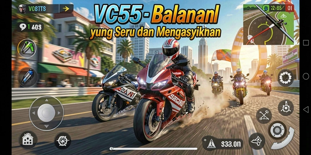 Gameplay seru VC55 dengan motor dan lintasan balap menantang.